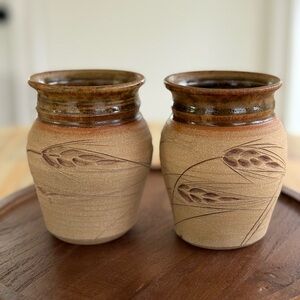 Handmade Studio Pottery Vases set of Two Signed Wheat Design
